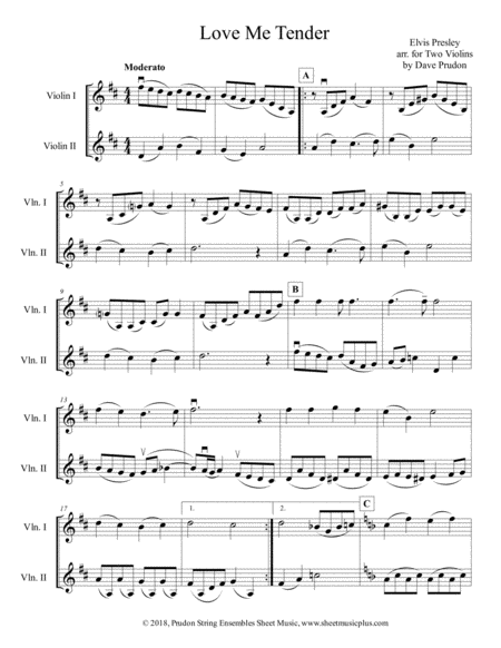 Free Sheet Music Love Me Tender For Two Violins