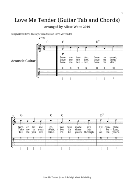 Free Sheet Music Love Me Tender Guitar Tab