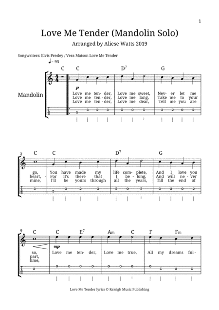 Free Sheet Music Love Me Tender Mandolin Tab