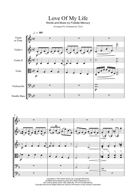 Free Sheet Music Love Of My Life For Violin Or Flute Solo And Strings