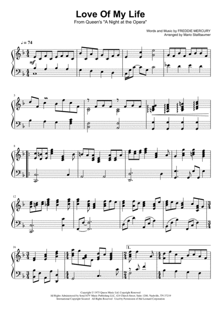 Free Sheet Music Love Of My Life Piano Solo