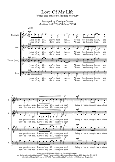 Love Of My Life Queen For Satb A Capella Voices Choir Sheet Music