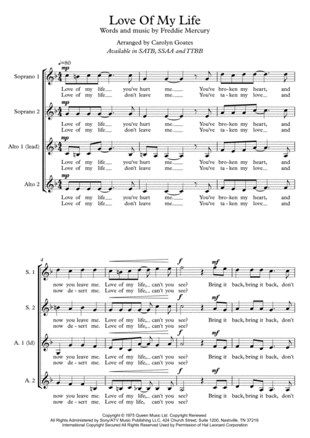 Free Sheet Music Love Of My Life Queen For Ssaa A Capella Voices Choir