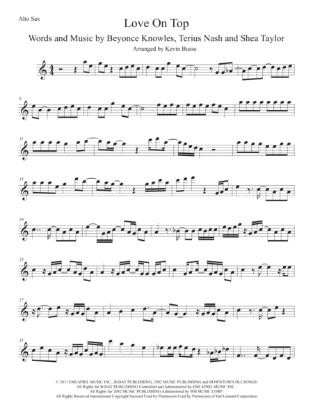 Love On Top Easy Key Of C Alto Sax Sheet Music