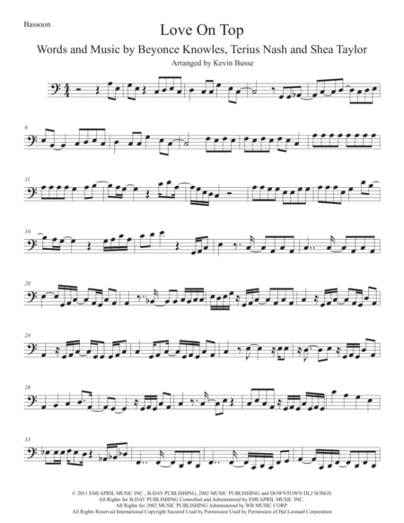 Love On Top Easy Key Of C Bassoon Sheet Music