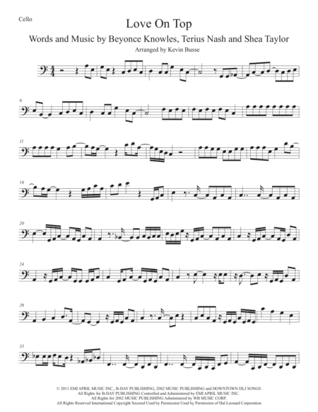 Love On Top Easy Key Of C Cello Sheet Music