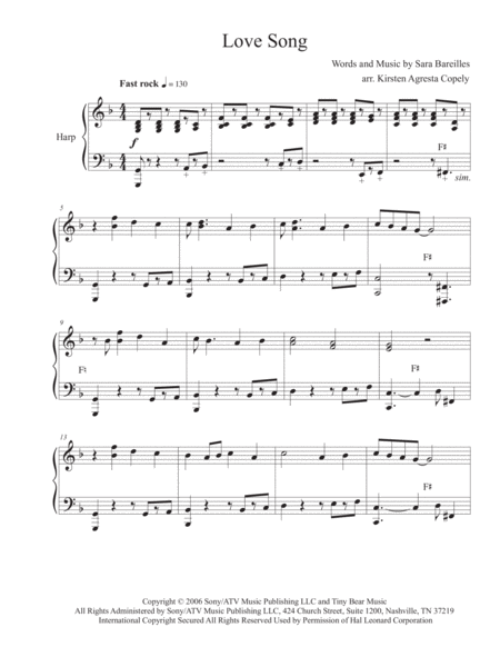 Love Song By Sara Bareilles Solo Harp Arrangement Sheet Music