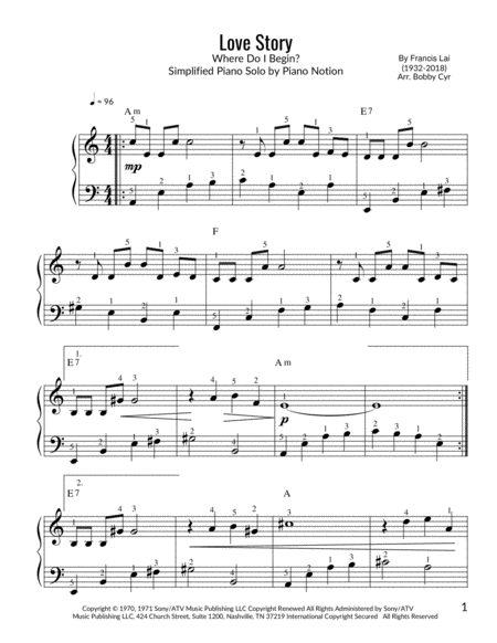 Free Sheet Music Love Story Where Do I Begin Piano Solo