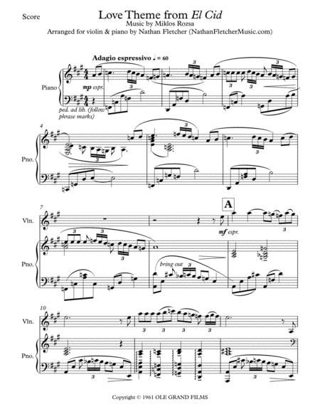 Love Theme From El Cid Arr For Violin Piano Sheet Music