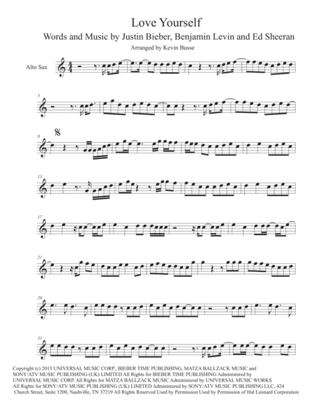 Love Yourself Easy Key Of C Alto Sax Sheet Music