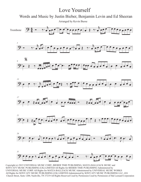 Love Yourself Easy Key Of C Trombone Sheet Music