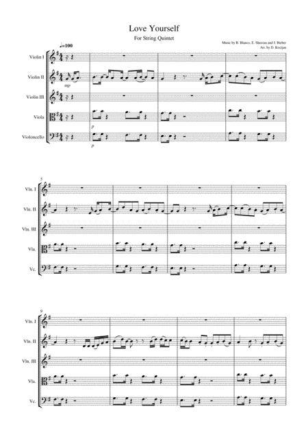 Free Sheet Music Love Yourself For String Quintet