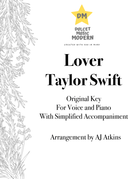 Free Sheet Music Lover By Taylor Swift For Voice And Piano Original Key