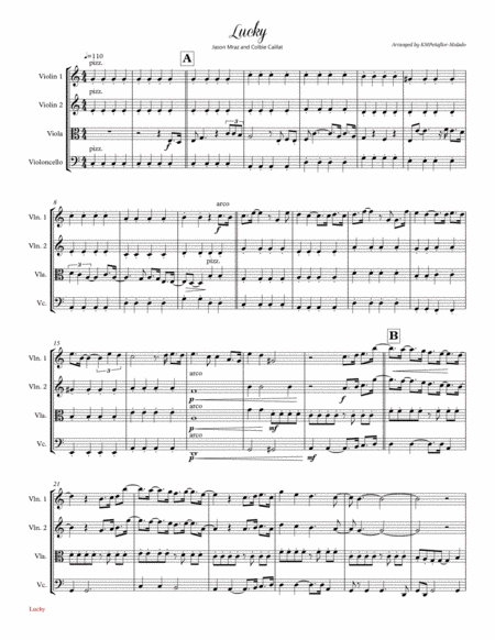 Lucky By Jason Mraz And Colbie Caillat String Quartet Sheet Music