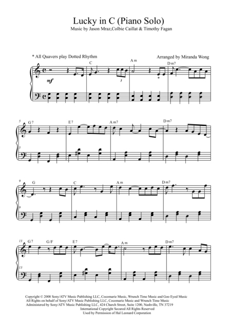 Lucky Jason Mraz Piano Solo In C Key With Chords Sheet Music