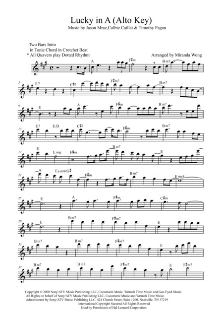 Lucky Lead Sheet In A Key Alto Saxophone Solo Sheet Music