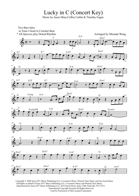Free Sheet Music Lucky Lead Sheet In Concert C Key With Chords
