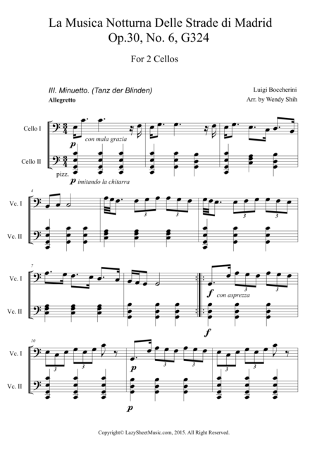 Luigi Boccherini La Musica Notturna Delle Strade Di Madrid No 6 Excerpts For Two Cello Sheet Music