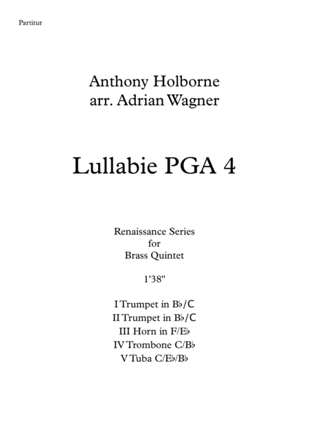 Lullabie Pga 4 Anthony Holborne Brass Quintet Arr Adrian Wagner Sheet Music