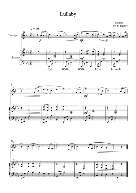 Lullaby Johannes Brahms For Trumpet Piano Sheet Music