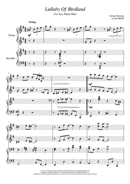 Lullaby Of Birdland For Piano Duet Sheet Music