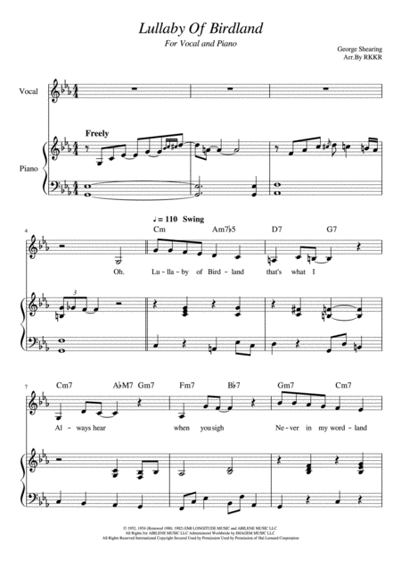 Lullaby Of Birdland For Vocal And Piano Sheet Music