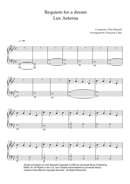 Lux Aeterna Requiem For A Dream Theme Sheet Music