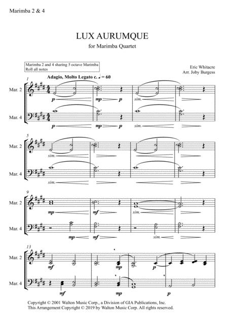 Lux Aurumque For Marimba Quartet Arr Joby Burgess Marimba 2 4 Sheet Music