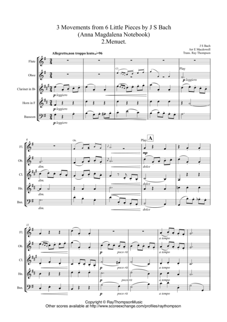 Free Sheet Music Macdowell 3 Movements From 6 Little Pieces By Js Bach Anna Magdalena Notebook Wind Quintet