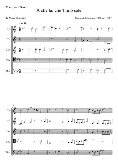 Free Sheet Music Macque Giovanni De A Che Fai Che L Mio Core Brass Quintet