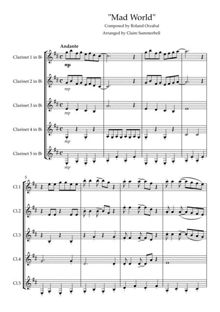 Free Sheet Music Mad World Easy Clarinet Quintet