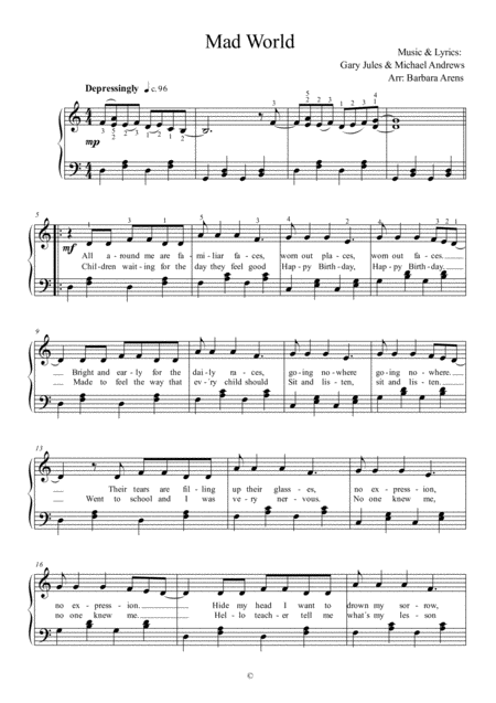 Mad World Easy Key Arrangement With Lyrics By Barbara Arens Sheet Music