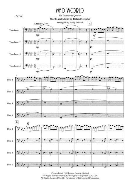 Free Sheet Music Mad World For Trombone Quartet