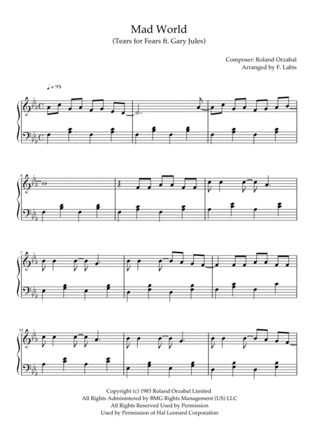 Free Sheet Music Mad World Gary Jules