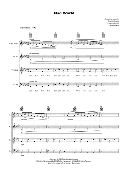 Free Sheet Music Mad World Satb Guitar