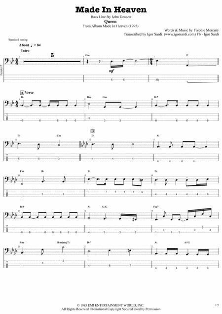 Free Sheet Music Made In Heaven Queen John Deacon Complete And Accurate Bass Transcription Whit Tab