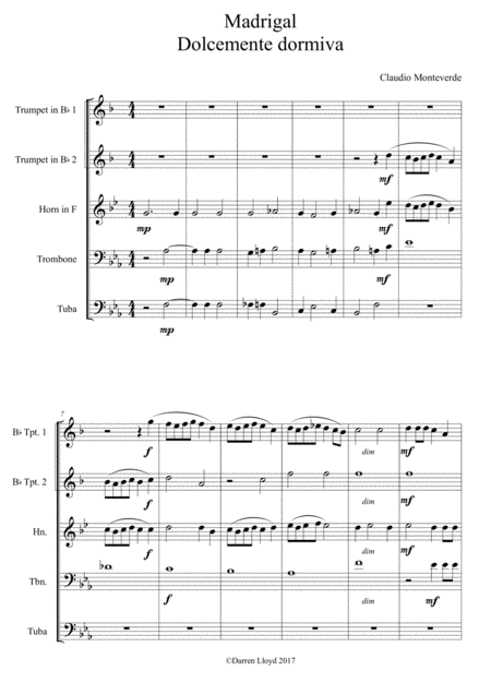 Madrigal Dolcemente Dormiva For Brass Quintet Sheet Music