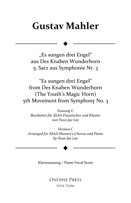 Free Sheet Music Mahler Arr Lee Symphony No 3 5th Movement Piano Vocal Score Version C For Ssaa Chorus