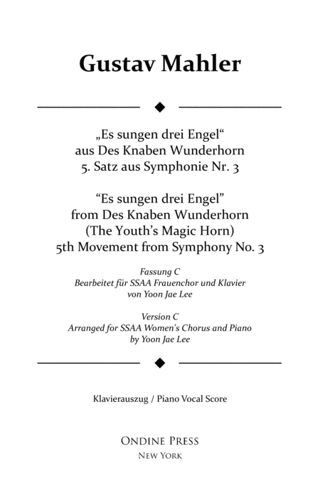 Mahler Arr Lee Symphony No 3 5th Movement Piano Vocal Score Version C For Ssaa Chorus Sheet Music