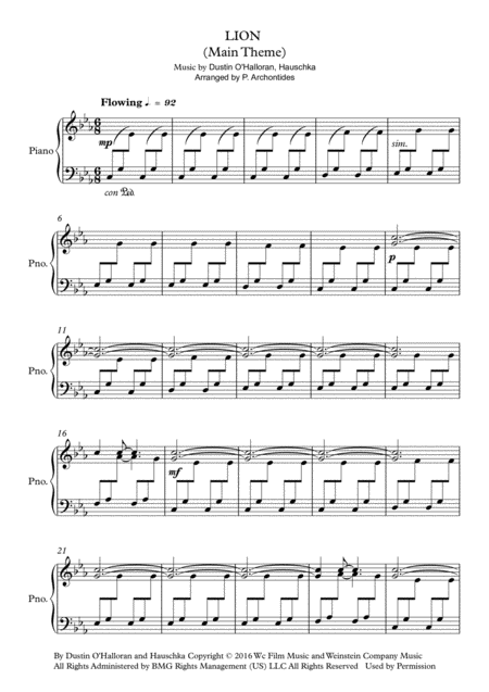 Main Theme From Lion Soundtrack For Piano By Dustin O Halloran Hauschka Sheet Music