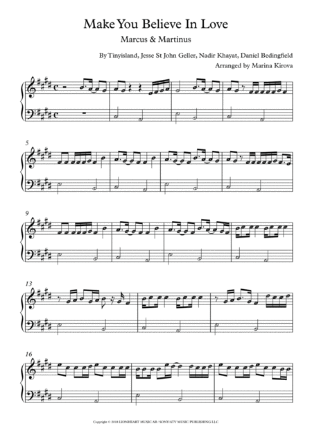 Make You Believe In Love By Marcus Martinus Easy To Read Format With Note Names Sheet Music