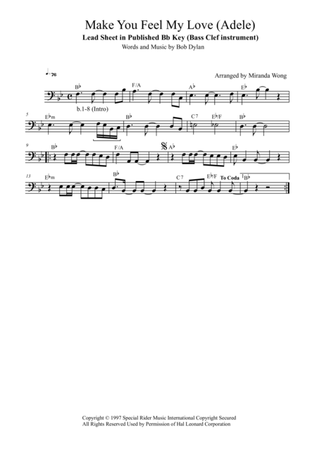 Free Sheet Music Make You Feel My Love Adele Cello Solo In Published Bb Key With Chords