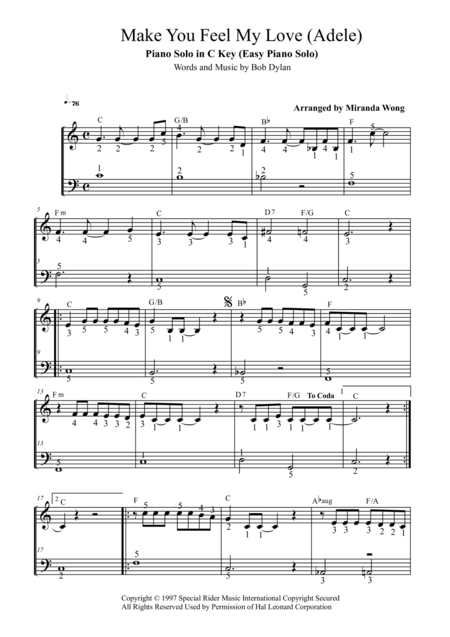 Make You Feel My Love Easy Piano Solo In C Key Full Fingerings Sheet Music