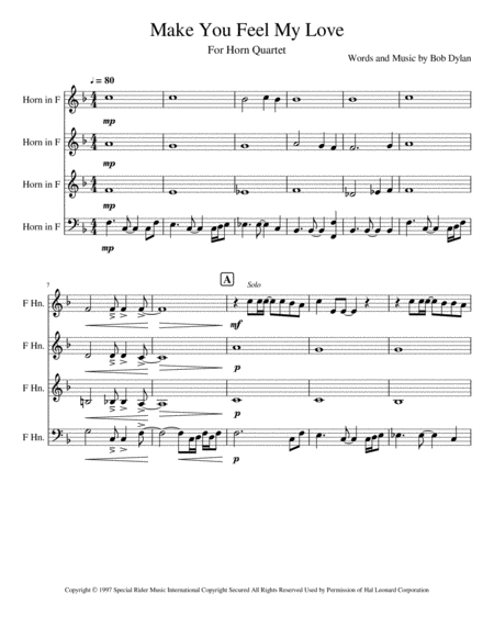 Make You Feel My Love For Horn Quartet Sheet Music