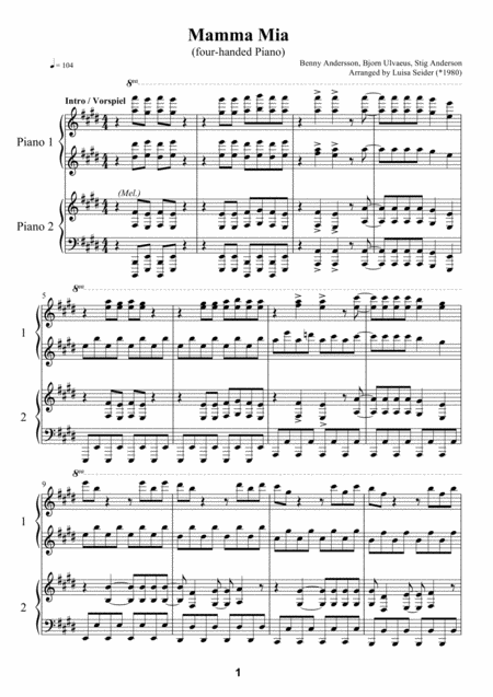 Free Sheet Music Mamma Mia 4 Hands Piano