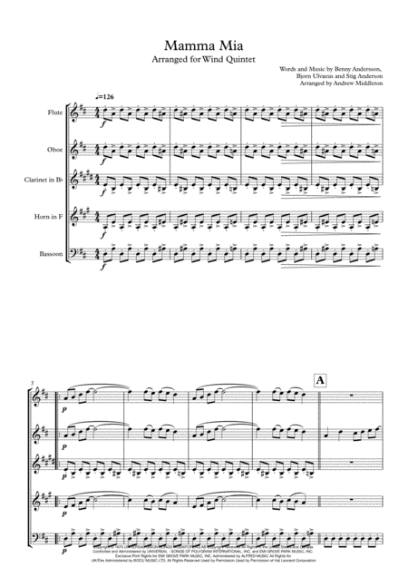 Mamma Mia Arranged For Wind Quintet Sheet Music