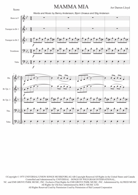 Mamma Mia Brass Quintet Sheet Music