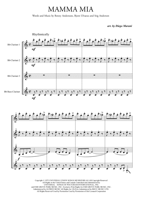 Mamma Mia By Abba For Clarinet Quartet Sheet Music