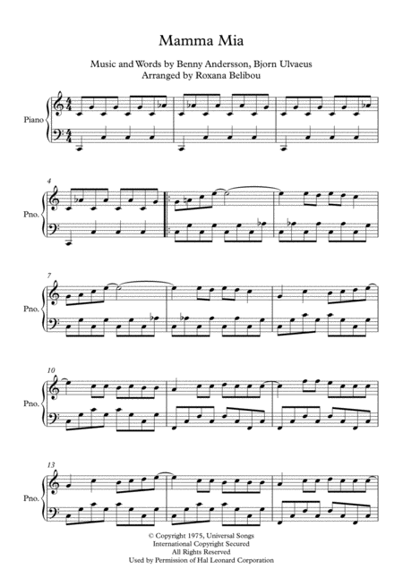 Mamma Mia C Major By Abba Piano Sheet Music