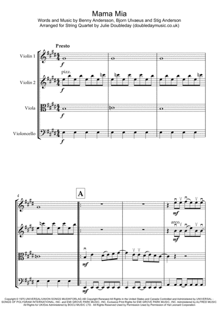 Mamma Mia For String Quartet Score And Parts Sheet Music